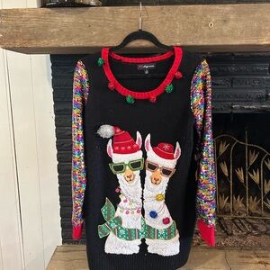 Festive Llama Sweater with Colorful Sleeves
